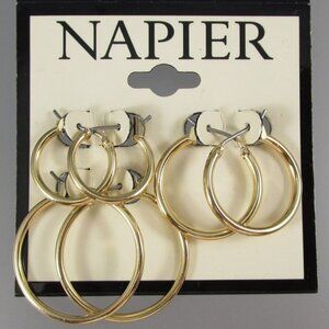 NAPIER 3pc SET Mod/Contemporary Gold Smooth Round Hoop Earrings**NEW!